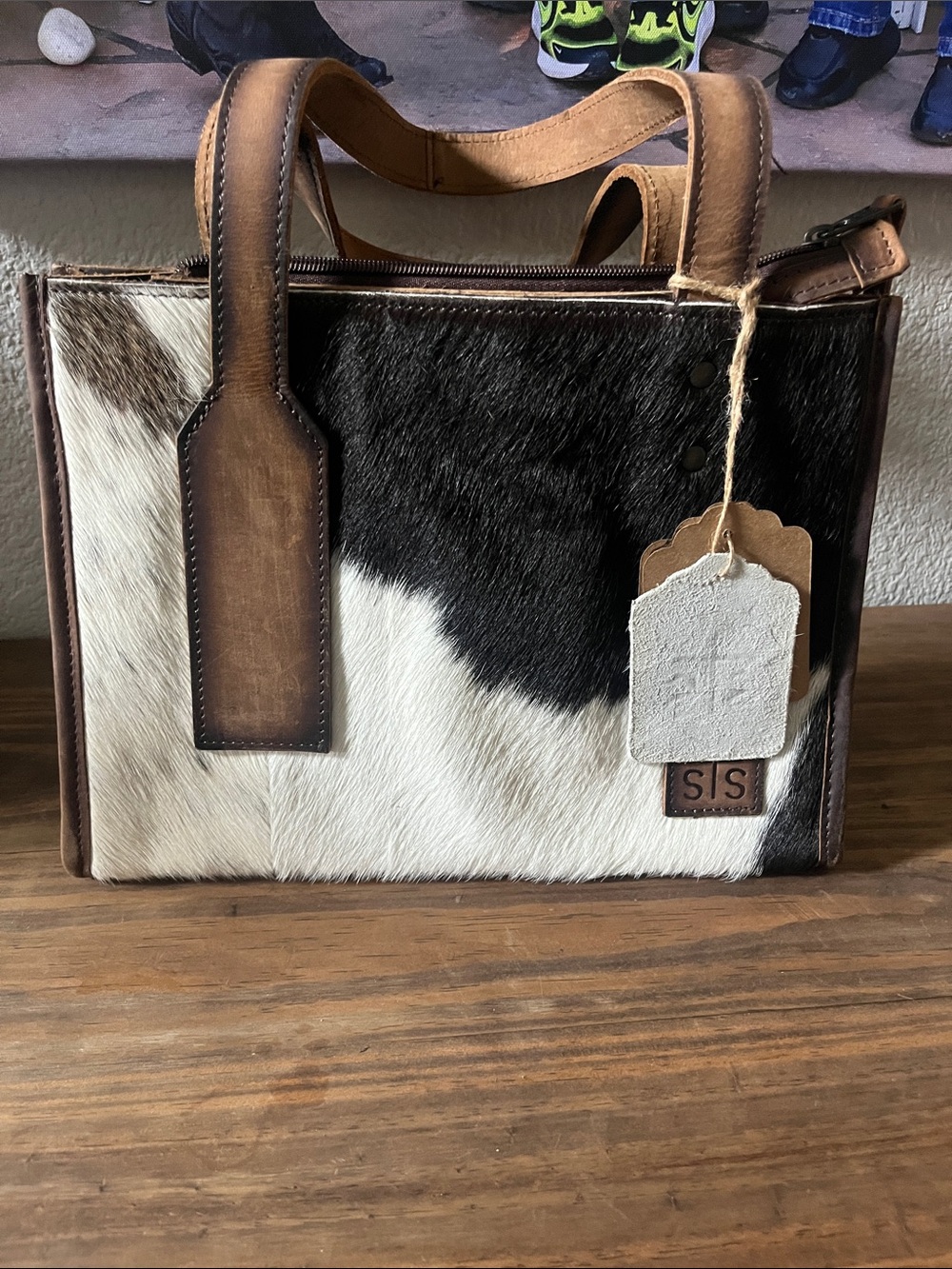 STS Ranchwear Brown and White Haircalf Tote with Leather Trim